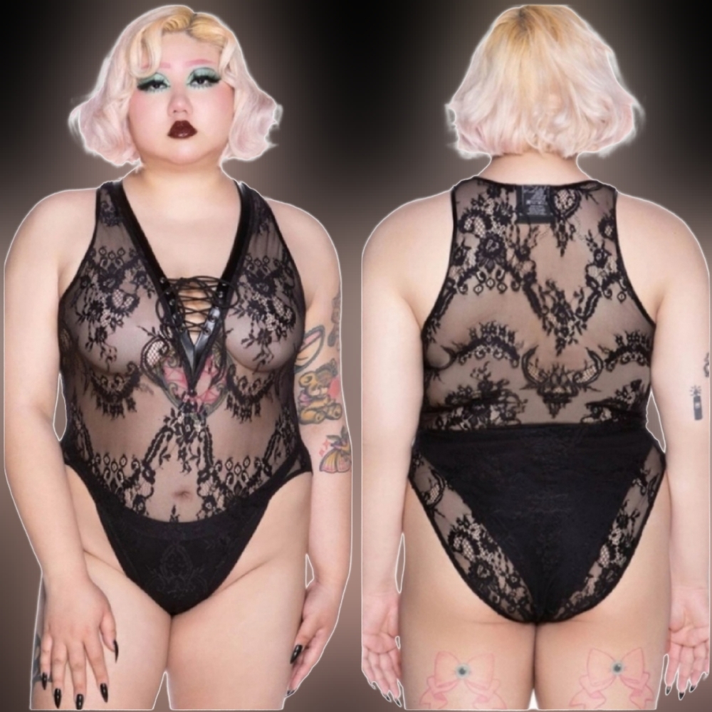 Killstar Desert Rose blk lace pvc trim lace corset sexy sheer bodysuit XXL NWT